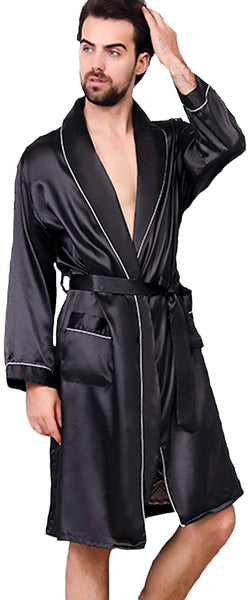 Men's Black Satin  Dragon Silk Long Sleeve Robe