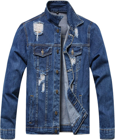 Distressed Royal Blue Ripped Denim Men's Slim Jacket