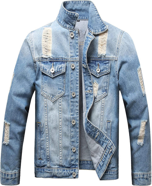 Distressed Blue Ripped Denim Men's Slim Jacket