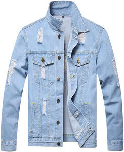 Distressed Sky Blue Ripped Denim Men's Slim Jacket