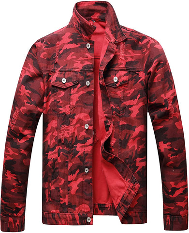 Distressed Red Ripped Denim Men's Slim Jacket