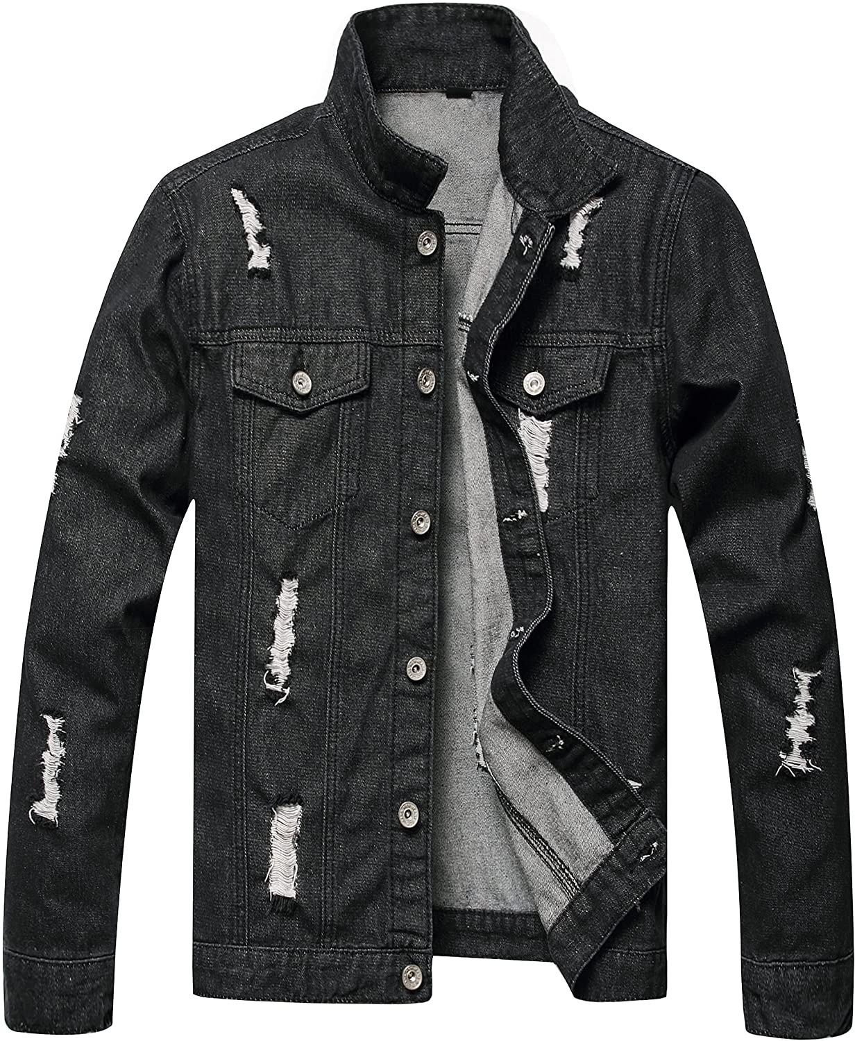 Distressed Black Ripped Denim Men's Slim Jacket