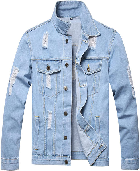 Distressed Blue Ripped Denim Men's Slim Jacket