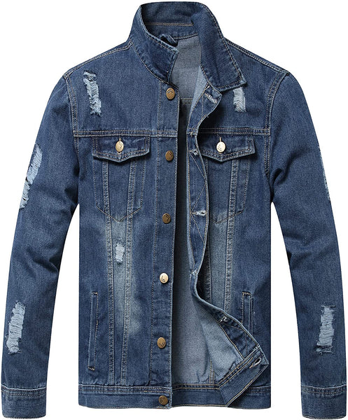 Distressed Light Blue Ripped Denim Men's Slim Jacket