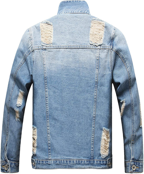 Distressed Blue Ripped Denim Men's Slim Jacket