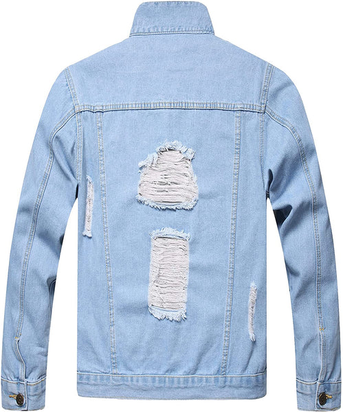 Distressed Light Blue Ripped Denim Men's Slim Jacket