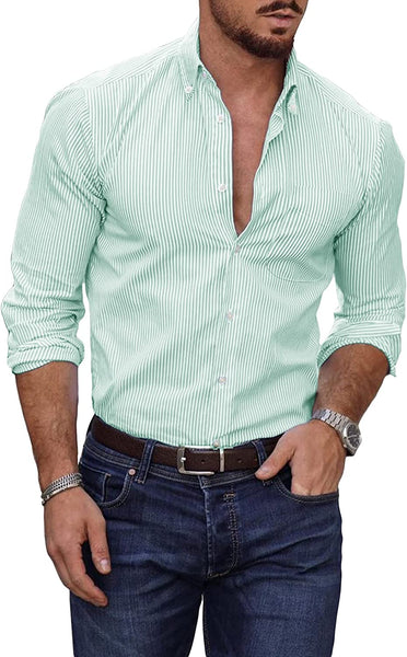 Men's Green Pinpoint Stripe Long Sleeve Fall Shirts