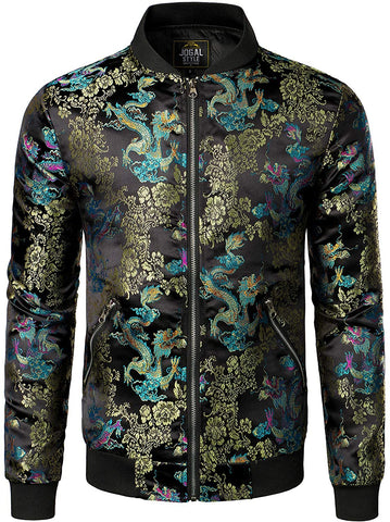 Men's Gold Black Luxury Paisley Floral Embroidered Satin Bomber Jacket