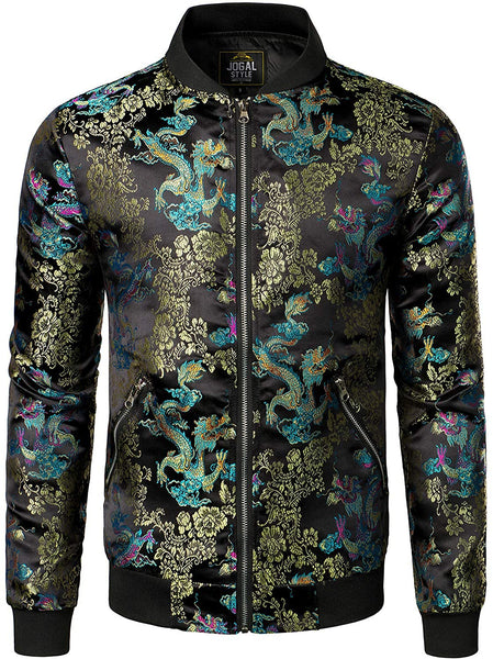 Men's Black Luxury Paisley Floral Embroidered Satin Bomber Jacket