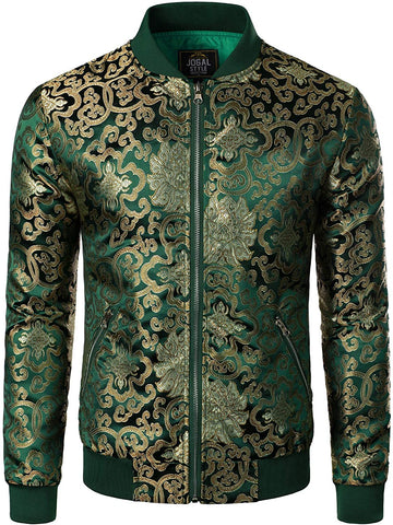 Men's Green Luxury Paisley Floral Embroidered Satin Bomber Jacket