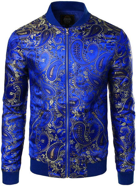Men's Silver Blue Luxury Paisley Floral Embroidered Satin Bomber Jacket