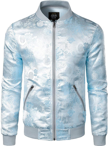Men's Silver Blue Luxury Paisley Floral Embroidered Satin Bomber Jacket