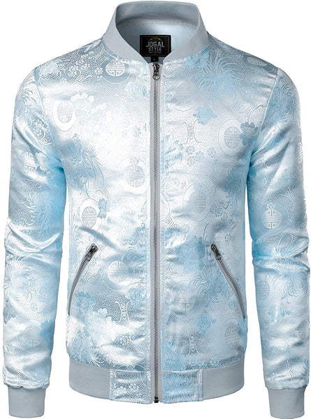 Men's Gold Black Luxury Paisley Floral Embroidered Satin Bomber Jacket