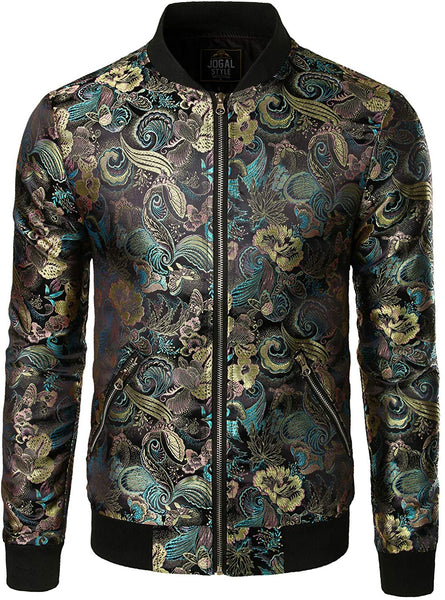 Men's Gold Black Luxury Paisley Floral Embroidered Satin Bomber Jacket