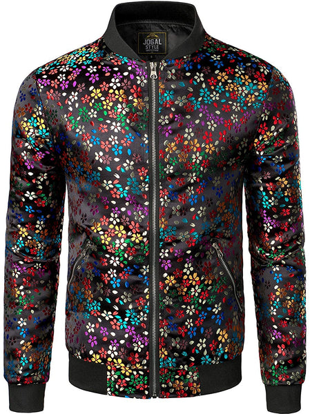 Men's Black Luxury Paisley Floral Embroidered Satin Bomber Jacket