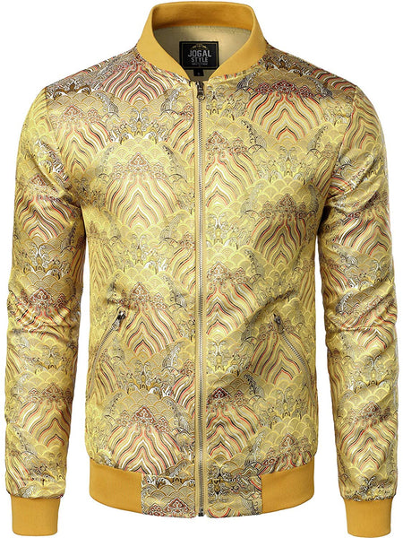 Men's Gold Black Luxury Paisley Floral Embroidered Satin Bomber Jacket