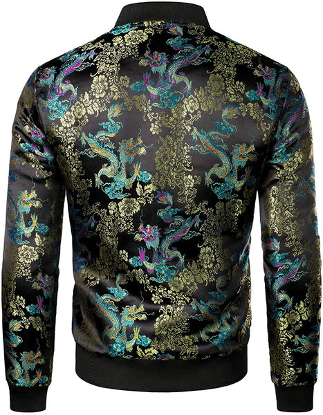 Men's Black Luxury Paisley Floral Embroidered Satin Bomber Jacket