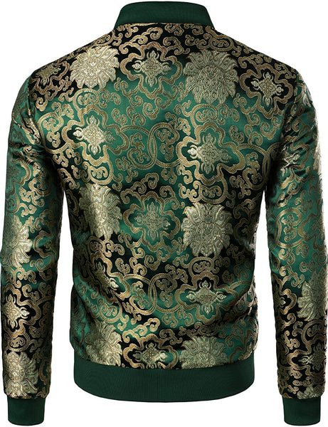 Men's Black Luxury Paisley Floral Embroidered Satin Bomber Jacket