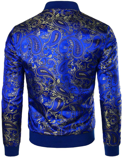 Men's Gold Black Luxury Paisley Floral Embroidered Satin Bomber Jacket