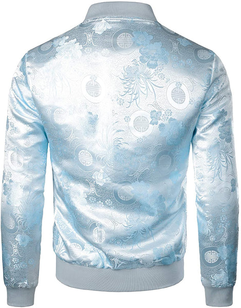 Men's Gold Black Luxury Paisley Floral Embroidered Satin Bomber Jacket