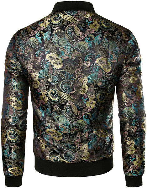 Men's Gold Black Luxury Paisley Floral Embroidered Satin Bomber Jacket