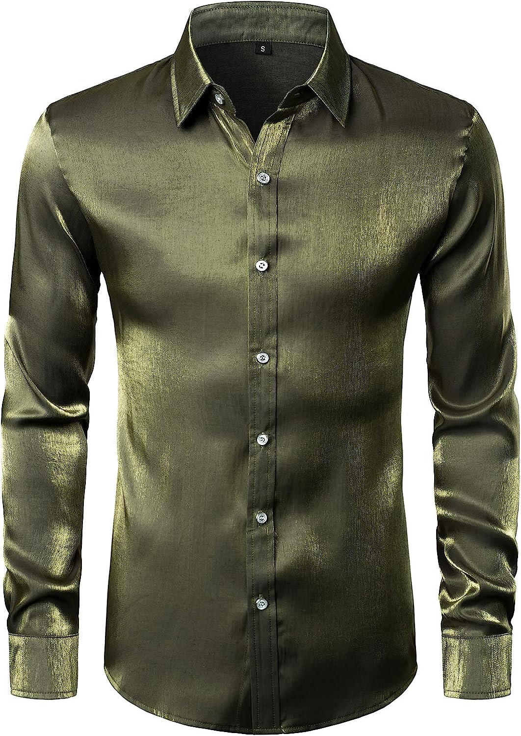 Men's Olive Green Luxury Shiny Satin Long Sleeve Dress Shirt