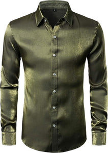 Men's Olive Green Luxury Shiny Satin Long Sleeve Dress Shirt