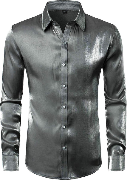 Men's Olive Green Luxury Shiny Satin Long Sleeve Dress Shirt