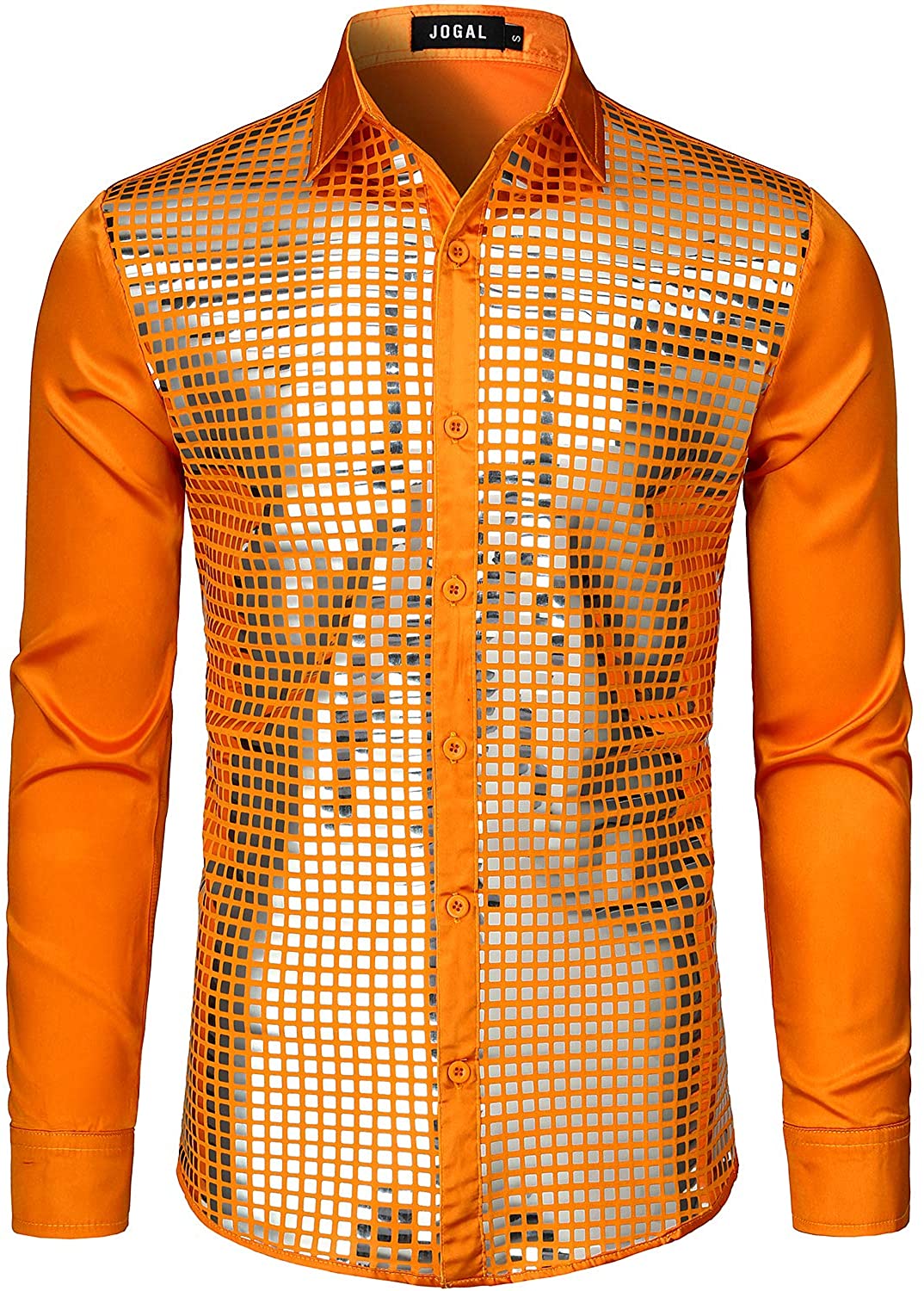 Men's 70s Disco Orange Silver Sequins Long Sleeve Button Down Shirt