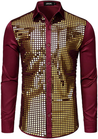 Men's 70s Disco Winered Gold Sequins Long Sleeve Button Down Shirt