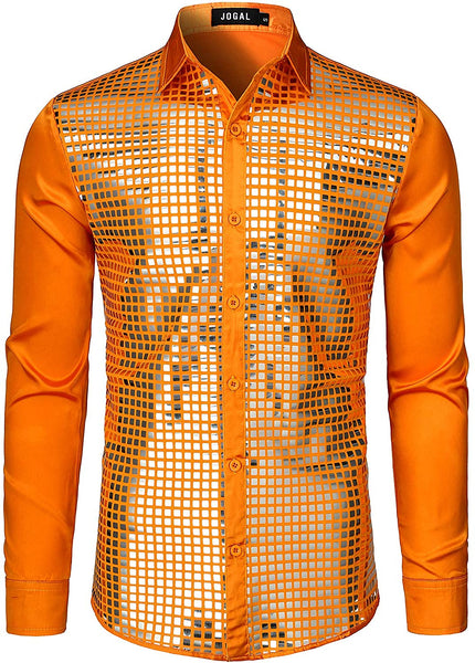 Men's 70s Disco Orange Silver Sequins Long Sleeve Button Down Shirt