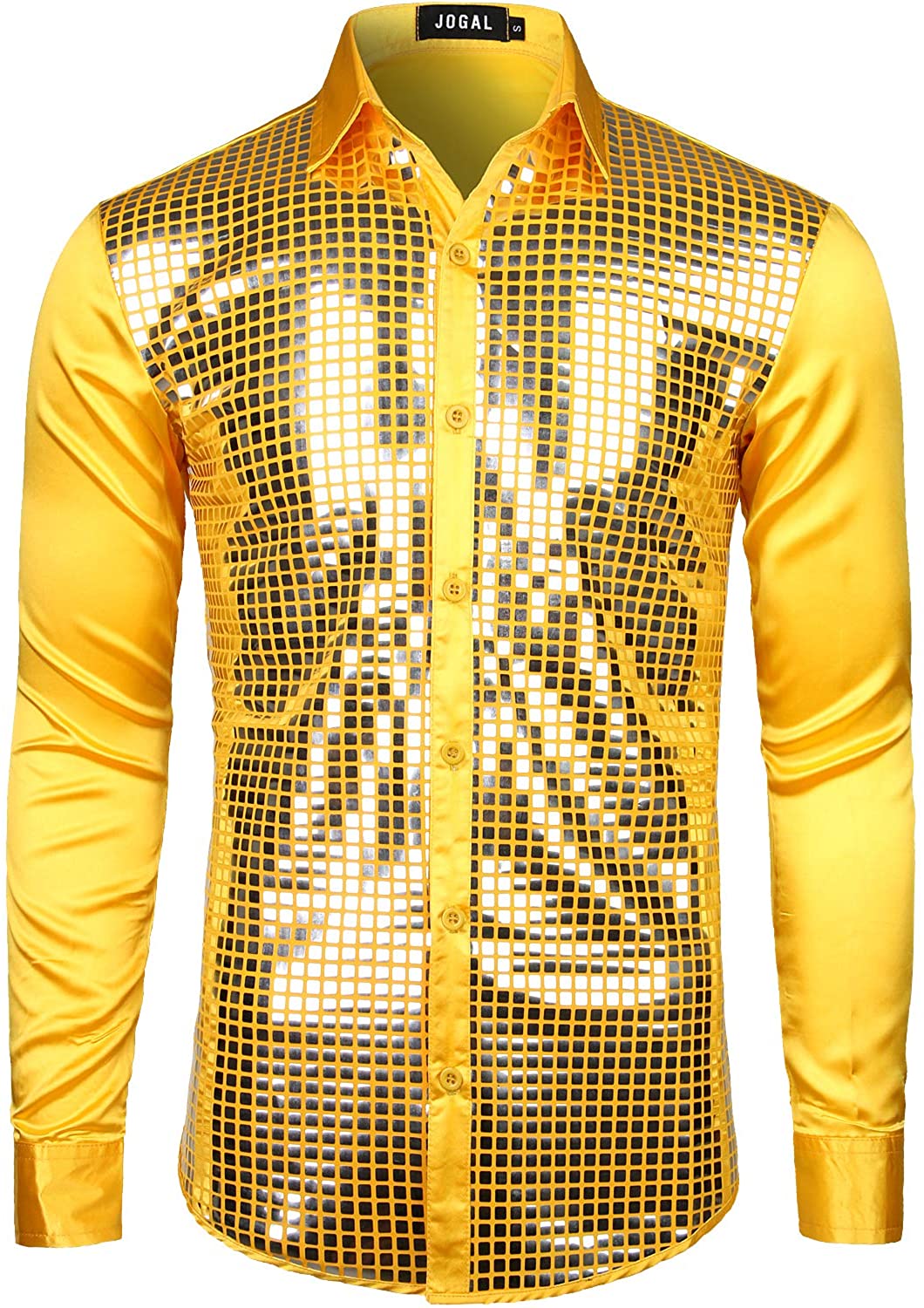 Men's 70s Disco Yellow Silver Sequin Long Sleeve Button Down Shirt