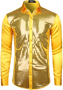 Men's 70s Disco Yellow Silver Sequin Long Sleeve Button Down Shirt