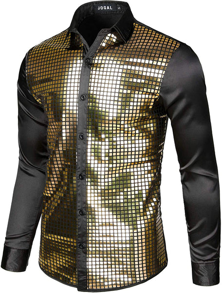 Men's 70s Disco Black Gold Silver Sequins Long Sleeve Button Down Shirt