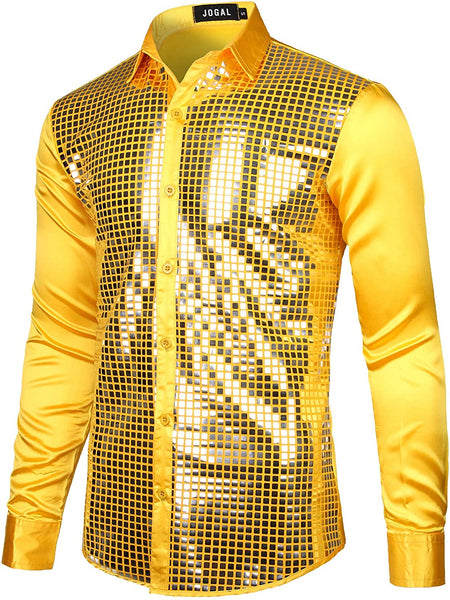 Men's 70s Disco Yellow Silver Sequin Long Sleeve Button Down Shirt