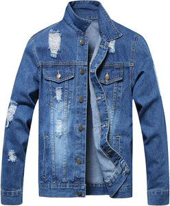 Men's Deep Blue Ripped Long Sleeve Jean Jacket Coat