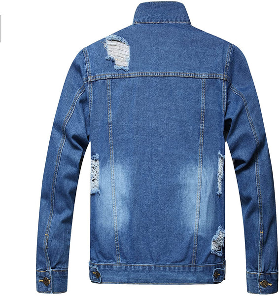 Men's Deep Blue Ripped Long Sleeve Jean Jacket Coat