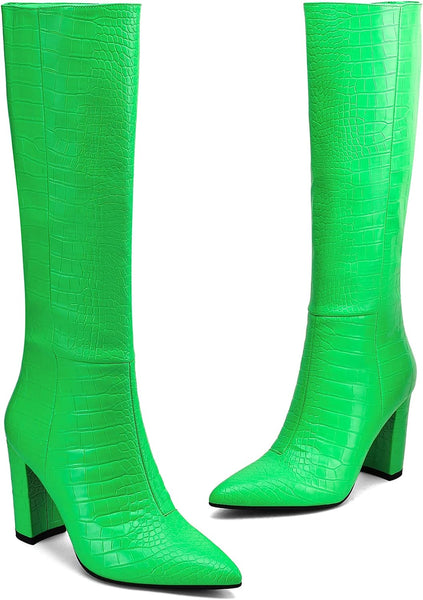 Crocodile Green Chunky Heel Pointed Toe Knee High Boots