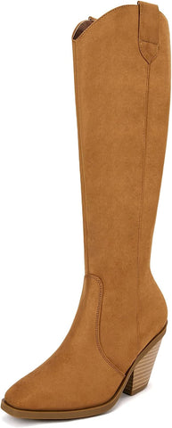 Women’s Brown Square Closed Toe Chunky Stacked Knee High Boots