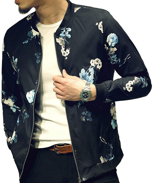 Blue Stylish Fashion Printed Pattern Slim Fit Bomber Jacket