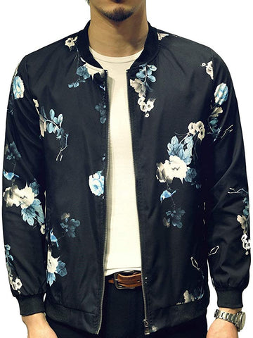 Blue Stylish Fashion Printed Pattern Slim Fit Bomber Jacket