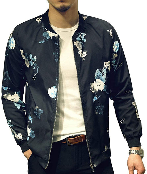 Blue Stylish Fashion Printed Pattern Slim Fit Bomber Jacket