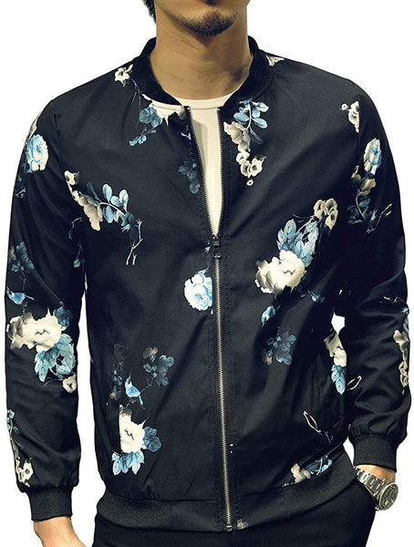 Blue Stylish Fashion Printed Pattern Slim Fit Bomber Jacket