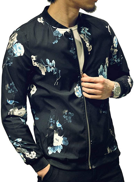 Blue Stylish Fashion Printed Pattern Slim Fit Bomber Jacket