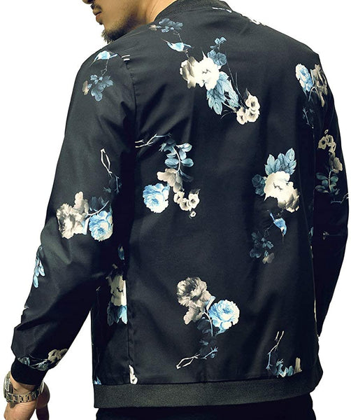 Blue Stylish Fashion Printed Pattern Slim Fit Bomber Jacket