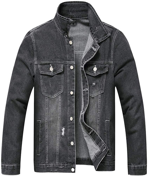 Men's Light Black Classic Ripped Slim Denim Jacket