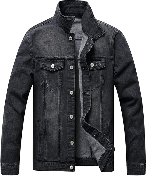 Men's Light Black Classic Ripped Slim Denim Jacket