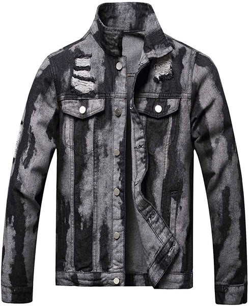 Men's Charcoal Black Classic Ripped Slim Denim Jacket