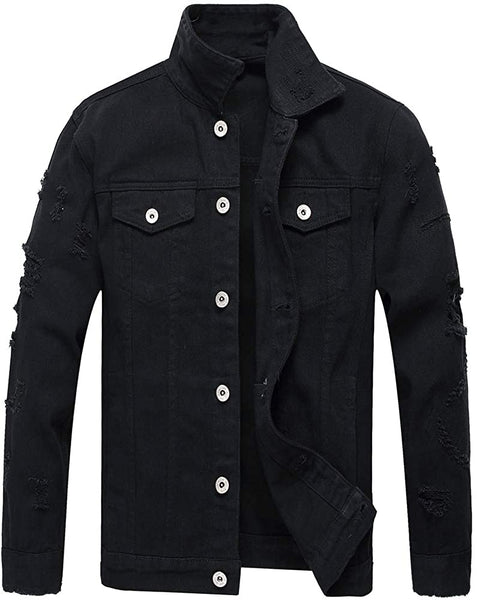 Men's Light Black Classic Ripped Slim Denim Jacket