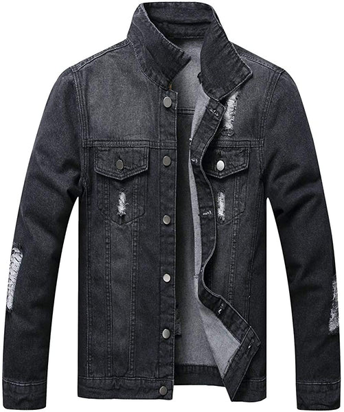 Men's Light Black Classic Ripped Slim Denim Jacket